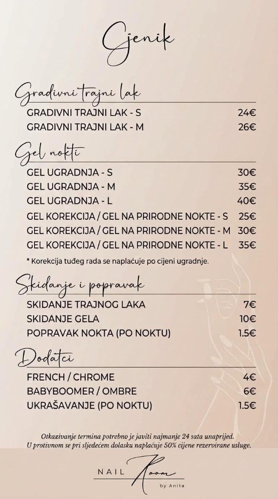 Cjenik Nail Room by Anita: gradivni trajni lak, gel nokti, skidanje, popravak i dodatci, s cijenama u eurima.